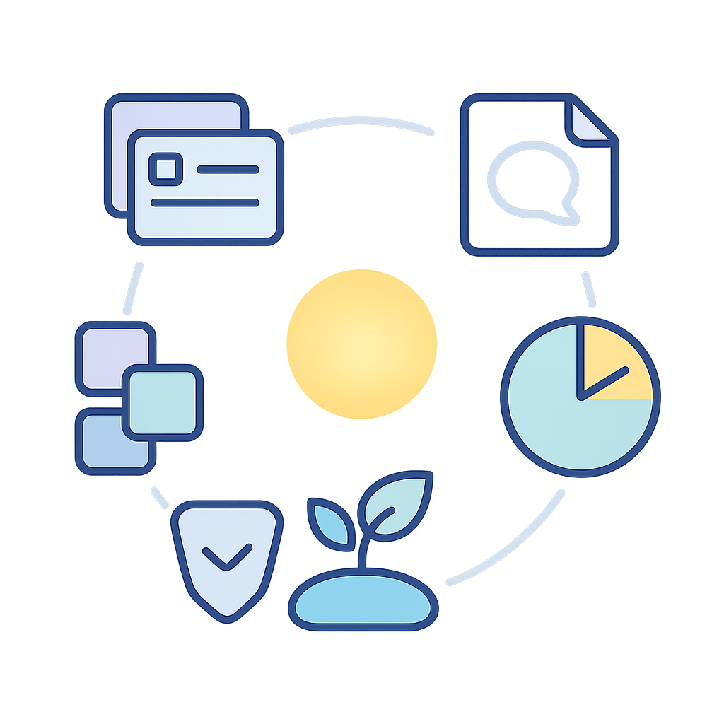 Abstract illustration of minimalist tech tool icons (representing organization, focus, and idea capture) harmoniously interconnected, symbolizing a supportive digital ecosystem for ADHD entrepreneurs.